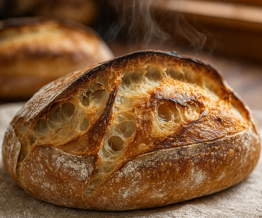 Sourdough Bread A fresh baked sourdough boule resting on a kitchen counter